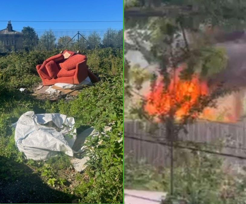 Two photos, one showing a fly-tipped sofa and other items, the second is a fly-tip in Stone Street on fire.