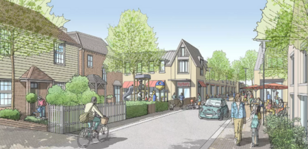 A artist&#039;s impression of what Otterpool Park might look like showing houses, a road and nursery
