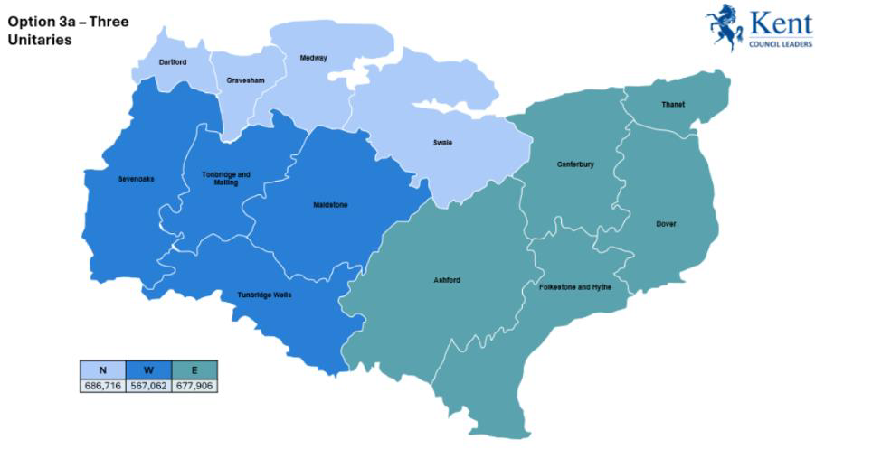 Three unitary councils consisting of Dartford, Gravesham, Medway and Swale in the north; Sevenoaks, Tonbridge and Malling, Maidstone and Tunbridge Wells in the west and Ashford, Canterbury, Thanet, Dover and Folkestone and Hythe in the east.