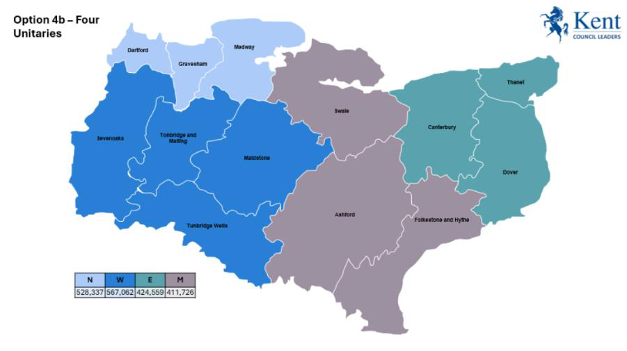 Four unitaries consisting of Dartford, Gravesham and Medway in the north; Sevenoaks, Tonbridge and Malling, Maidstone and Tunbridge Wells in the west; Swale, Ashford and Folkestone & Hythe in the middle of Kent and Canterbury, Thanet and Dover in the east