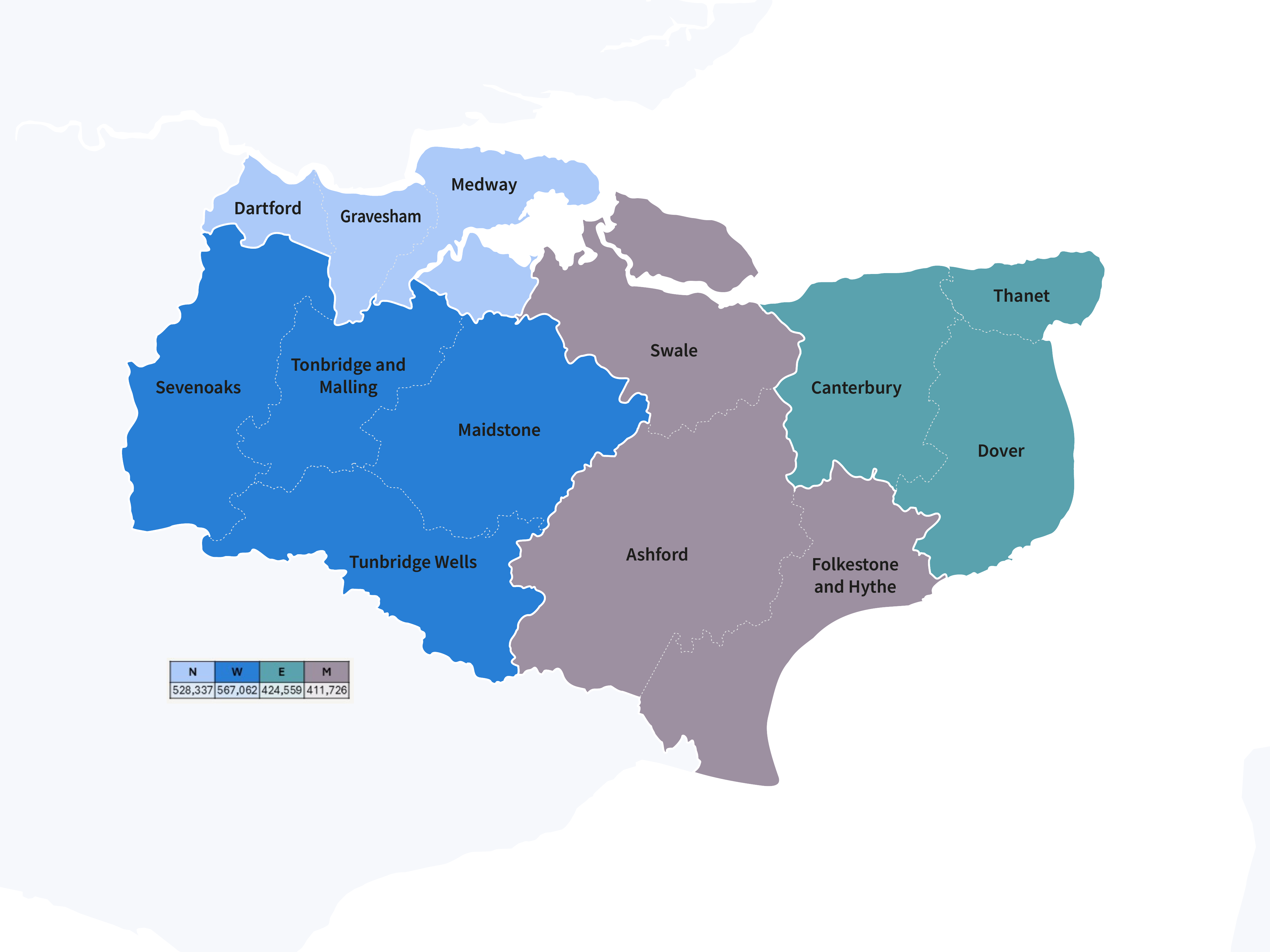 Image shows map of Kent divided into four unitary council areas.