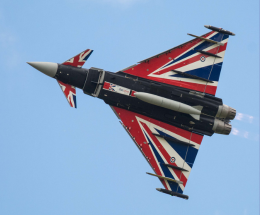 Photograph shows red, white and blue Union Jack insignia on the undercarriage of an RAF Typhoon jet