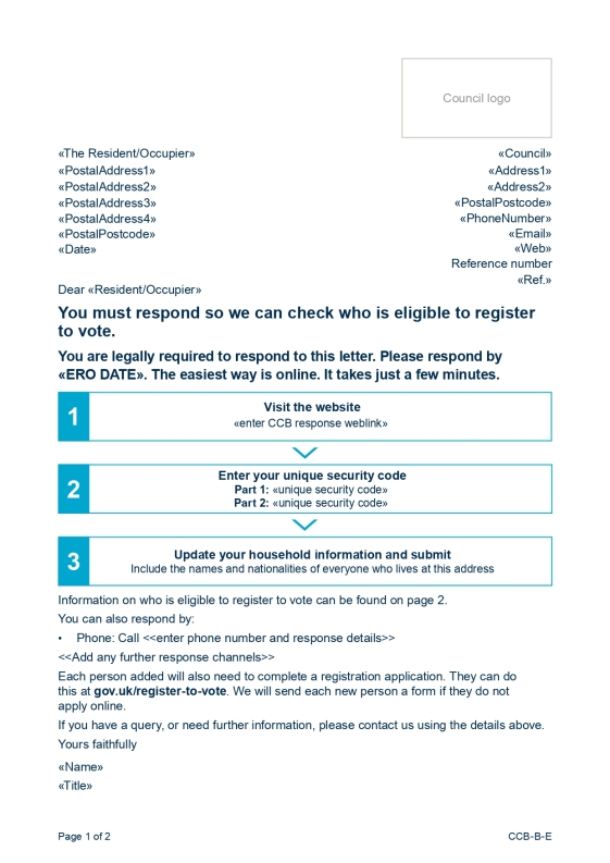 An image showing the front page of the Canvass Communication B for Route 2 properties.