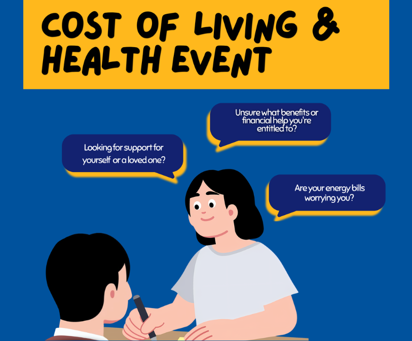 Promotional graphic for a “Cost of Living & Health Event” on a blue background with a large yellow banner at the top. An illustration shows two people seated at a table in conversation. Three speech bubbles contains questions.