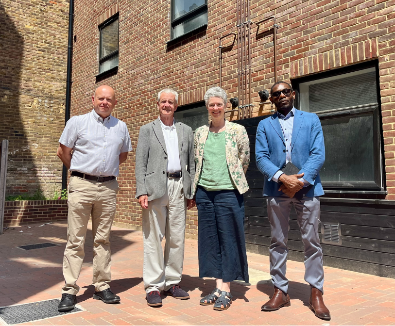 Cllr Jim Martin and Cllr Rebecca Shoob visit the new properties with council officers Adrian Hammond and Samuel Aligbe