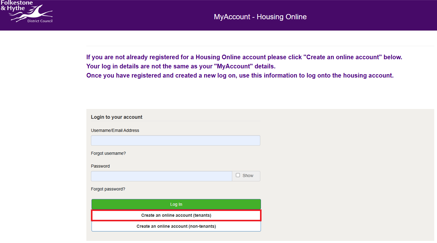 Housing online login screen create an online account tenants