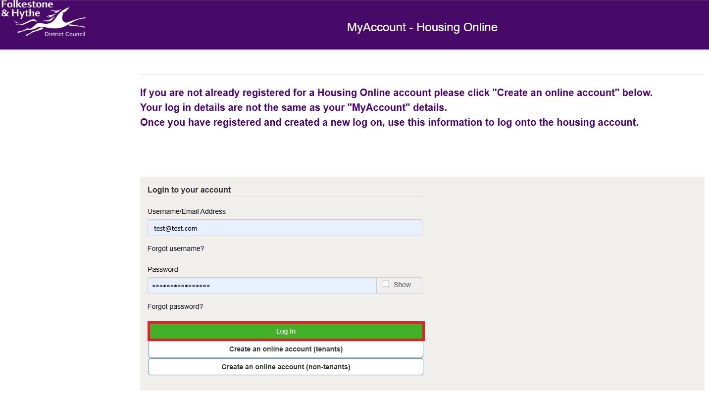 Housing online login screen log in button
