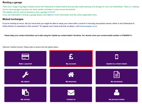 Housing online portal main menu my accounts