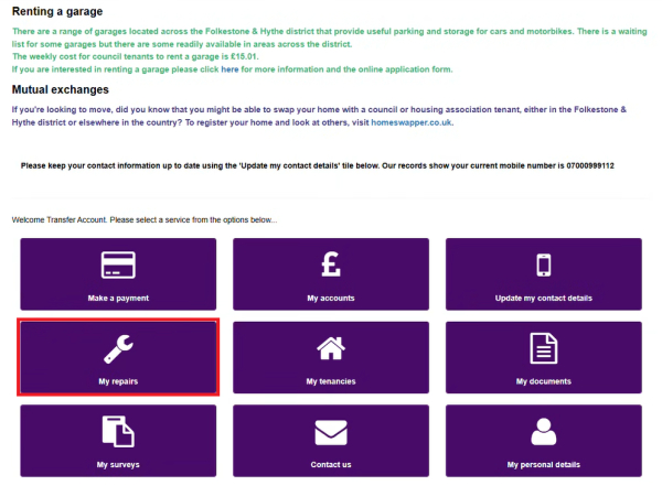 Housing online portal main menu my repairs