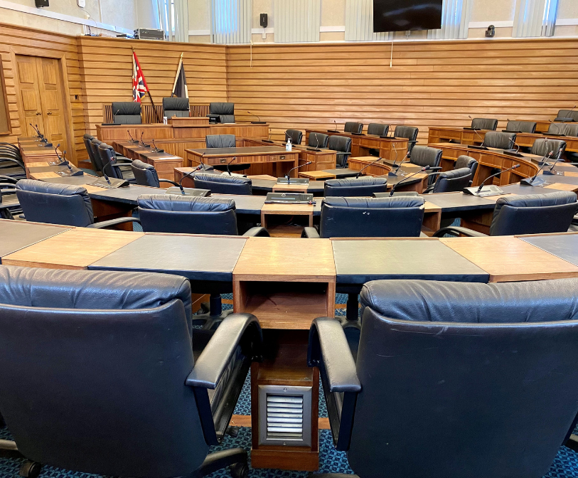 A photograph of an empty council chamber at the Civic Centre in Folkestone.