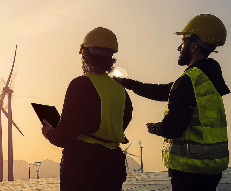 An image two people overseeing solar wind mills