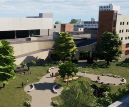 A still image taken from a public engagement video showing Bouverie Square with grass, trees, seating and a stage.