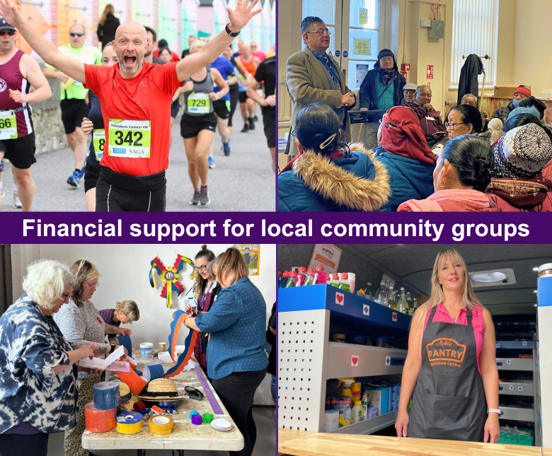A four-image collage showing community activities: runners taking part in a race, a community meeting with people seated indoors, volunteers working together on crafts at a table, and a person standing inside a community food pantry.
