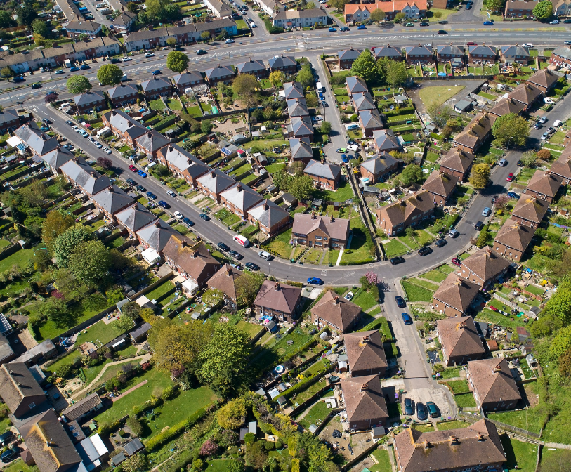 An aerial photograph of homes in the district.