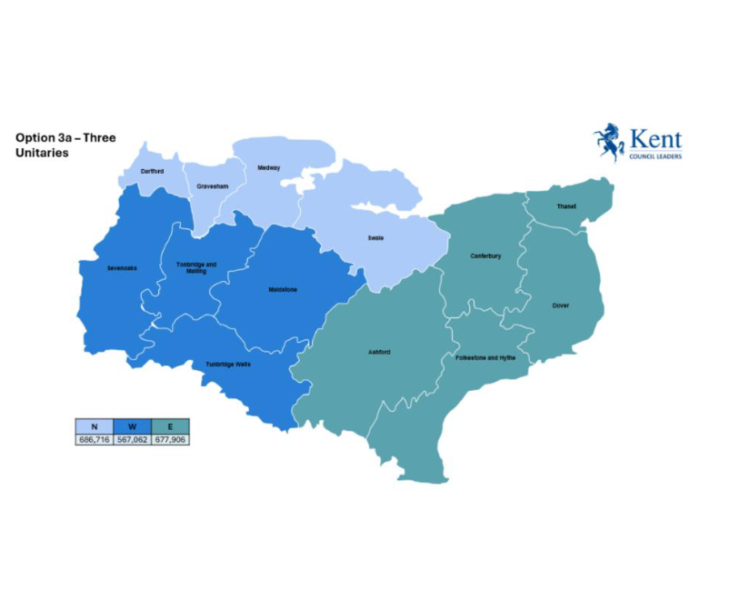 Option of Three unitary councils consisting of Dartford, Gravesham, Medway and Swale in the north; Sevenoaks, Tonbridge and Malling, Maidstone and Tunbridge Wells in the west and Ashford, Canterbury, Thanet, Dover and Folkestone and Hythe in the east.
