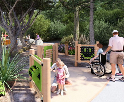 Artist's image of children and adults trying out play equipment  in the sensory zone.