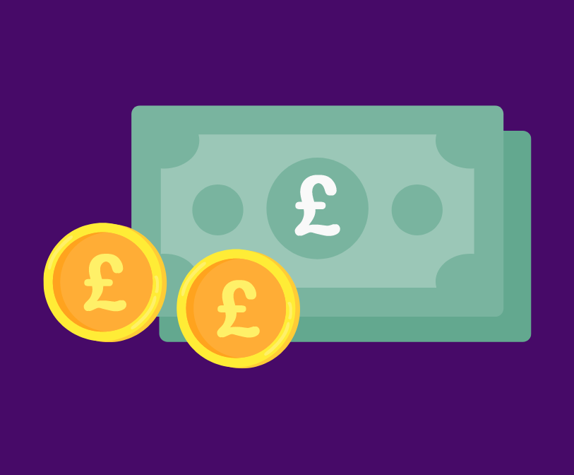 A graphic representing a bank notes and coins on a purple background.