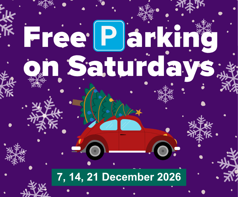 An image promoting free parking on Saturdays during December 2026