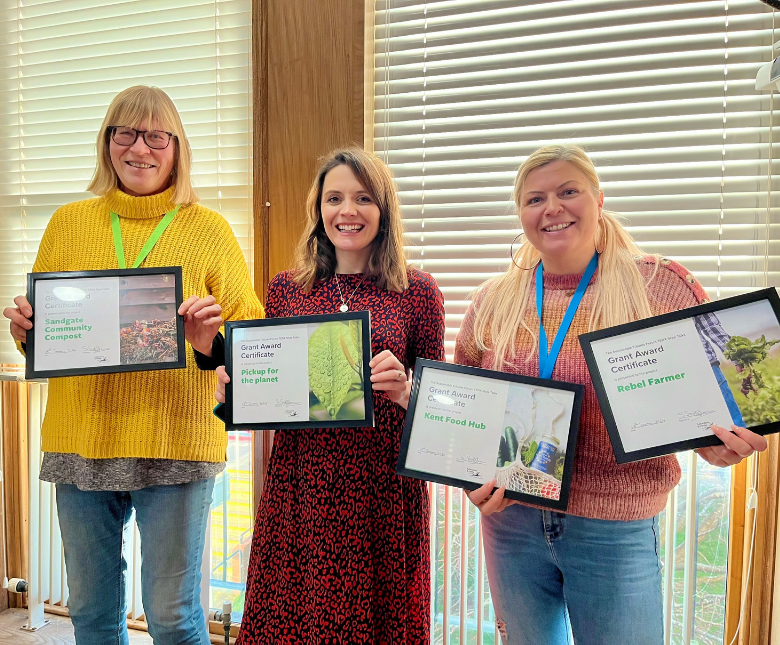 An image of the Grant Award recipients at the Sustainable Futures Forum Presentation. From left to right, Sandgate Community Compost leader Leonie Wootton, Pickup for the Planet leader India Pearson and Kent Food Hub leader Beckie Alves
