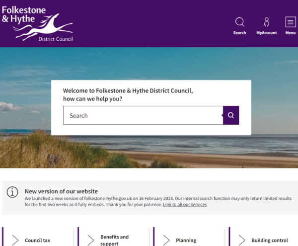 A screenshot of the new Folkestone &amp; Hythe District Council website, displaying various services.