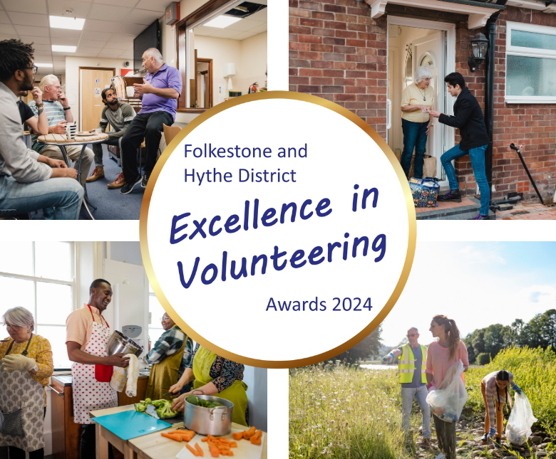 An image of the Kent Coast Volunteering Awards 2024 logo along with a variety of volunteering activities including support groups, food deliveries, cooking classes and litter picking