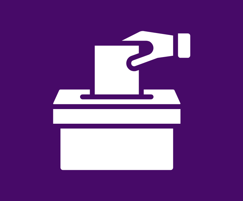 A graphic of a ballot box on a purple background
