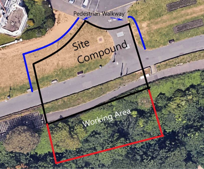 An aerial shot which shows the temporary pedestrian walkway around the site compound.