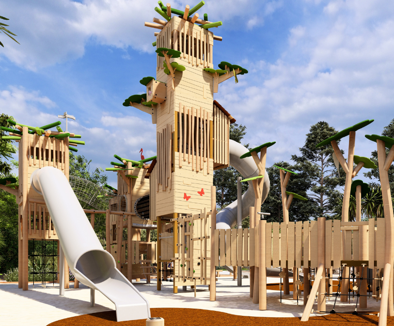 A computer generated image which shows a tree-inspired play area tower which will feature as part of the Lower Leas Coastal Park play area project. Features include climbing equipment, nets and a slide.