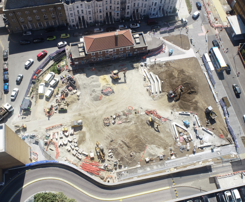 An aerial photograph showing work progressing at the former bus station at Bouverie Square.