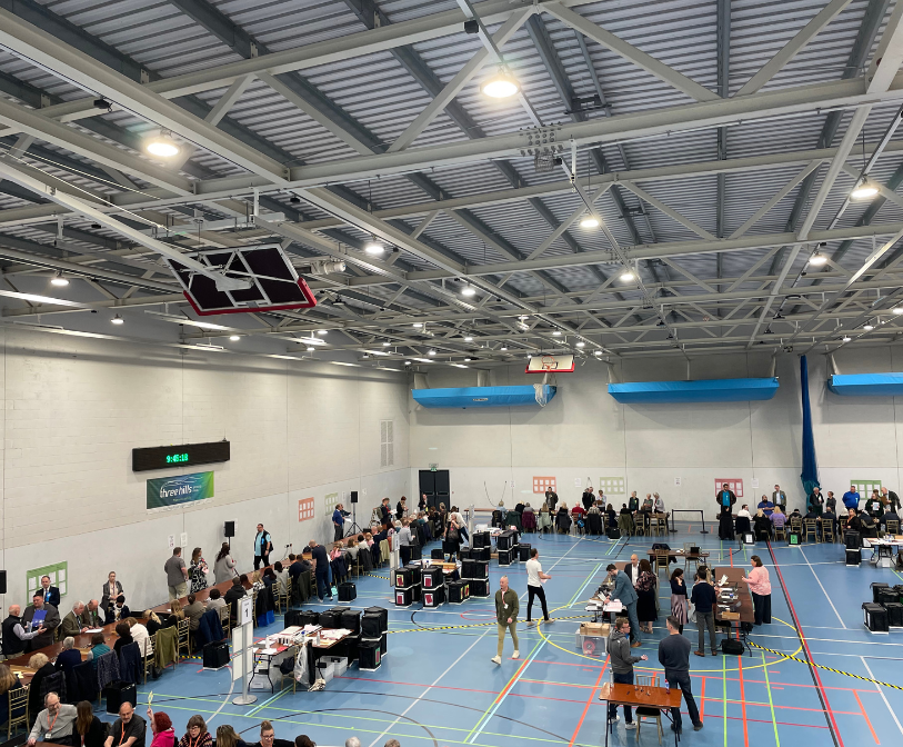 A photograph of the election count floor at Three Hills Sports Park in Folkestone.