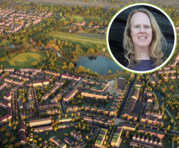 A headshot of Chair of the board on a background of a artist&#039;s impression of Otterpool Park