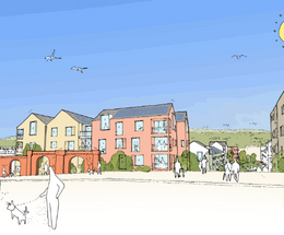 A sketch of houses and green spaces depicting what the Ship Street site in Folkestone could look like after development.