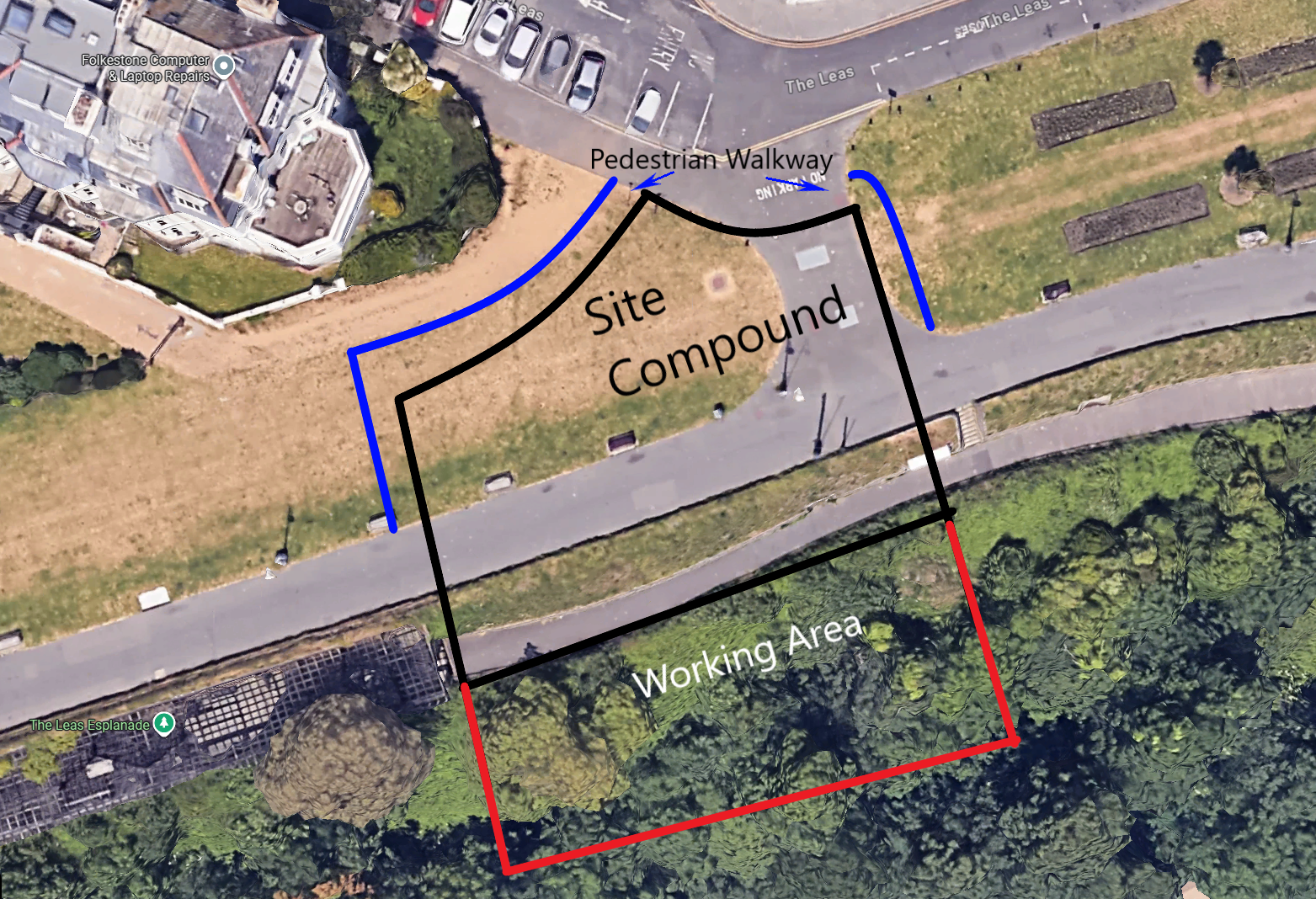 An aerial shot which shows the temporary pedestrian walkway around the site compound.