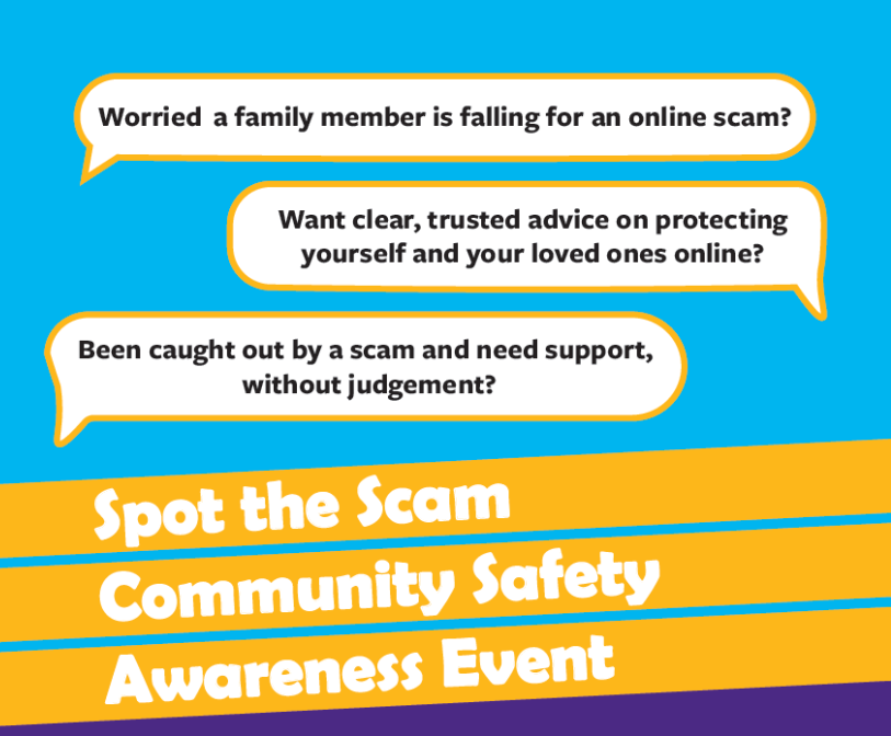 Spot the scam community safety awareness event poster
