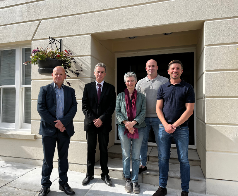 Adrian Hammond, Steve Grimshaw, Cllr Rebecca Shoob, Ryan Green and Tommy Ould outside the new flats in The Bayle