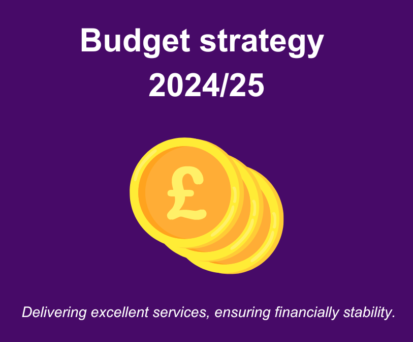 A graphic on a purple background and a coin illustration with the following words: Budget strategy 2024/25; delivering excellent services, ensuring financial stability.